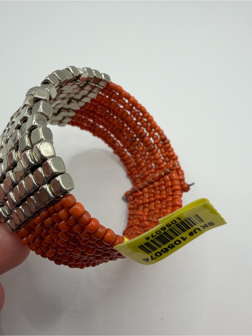 Coral Seed Bead Cuff Bracelet | Orange Multi-Strand Silver Cube - Picture 7 of 10